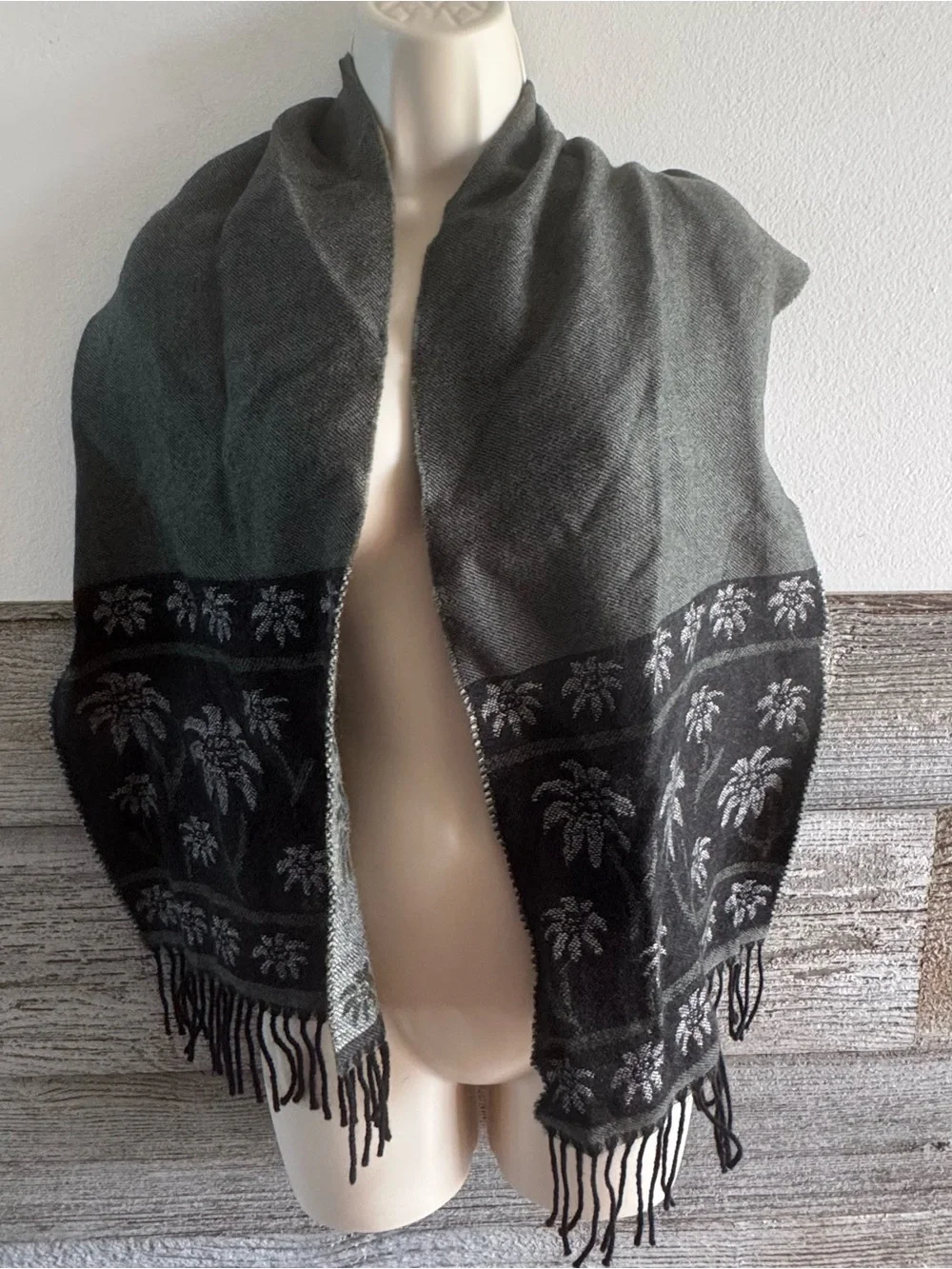 Vintage Austrian Wool Floral Scarf Loden-Plankl Wien Gray and black Fringe